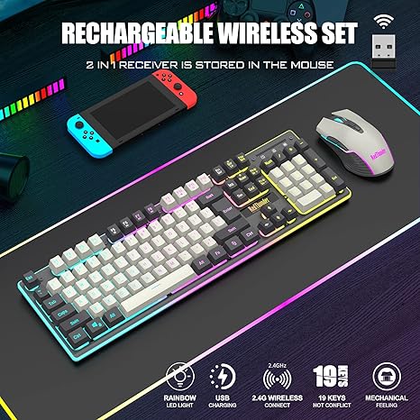 RedThunder K10 Wireless Gaming Keyboard and Mouse Combo, 3800mAh LED Backlit Rechargeable Battery, Anti-Ghosting Mechanical Feeling Keyboard + 7D 3200DPI Mice for PC Laptop