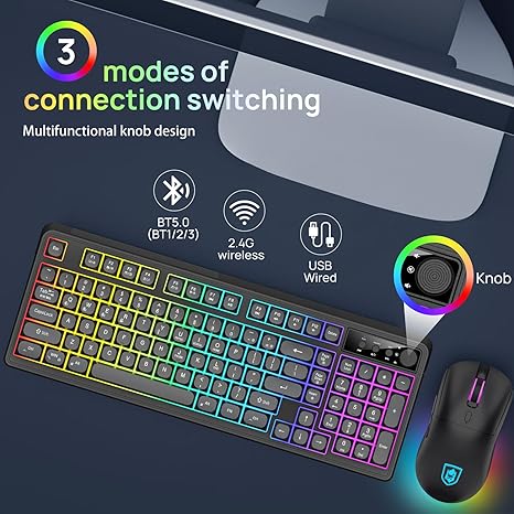 KOLMAX BT98 Wireless Keyboard and Mouse Combo, 2.4G/Wired/Bluetooth Tri-Mode Gaming Keyboard and Mouse, Ergonomic Rechargeable RGB Backlit Keyboard with Knob for PC/Mac/Tablet, Black