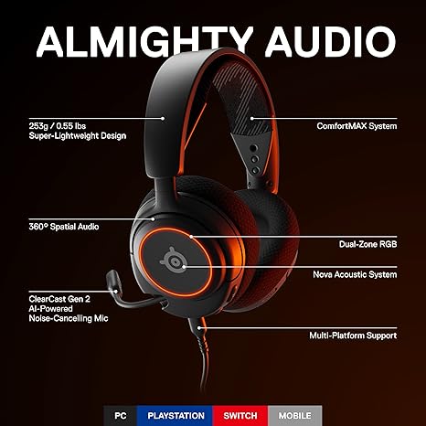 SteelSeries Arctis Nova 3 - Multi-Platform Gaming Headset, Arctis Signature Audio, ClearCast Gen 2 Microphone, PC, PS5/PS4, Xbox Series X|S, Switch, Mobile - Black