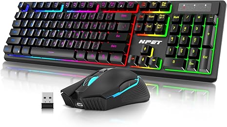 NPET S21 Wireless Gaming Keyboard and Mouse Combo, RGB Backlit, Quiet Ergonomic Mechanical Feeling, 3200DPI Gaming Mouse, for Desktop