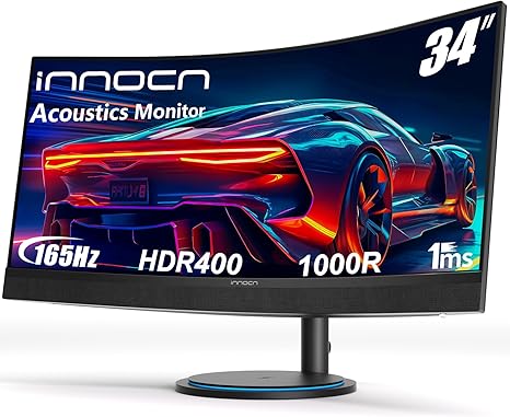 NNOCN 34 inch Curved Ultrawide Gaming Monitor 3440 x 1440p 165Hz PC Monitor Gamer, USB Type C Power Delivery, HDMI, DP, Built-in 2.1 Stereo Speakers, Charging Pad,
