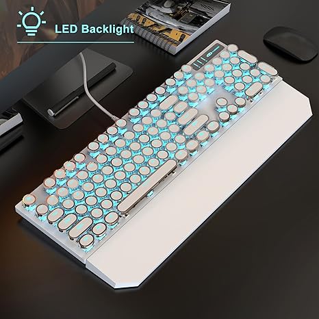 Mechanical Keyboard and Mouse Set for Typewriter Gaming, Retro Punk Round Keycap with Blue LED Backlight, USB Wired Computer Keyboard for Gaming and Office, for PC