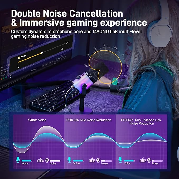 MAONO XLR/USB Gaming Microphone with Software, RGB Dynamic PC Microphone for Podcast Streaming, Vocal Recording, Noise Cancelling Computer Microphone, Volume Control Button
